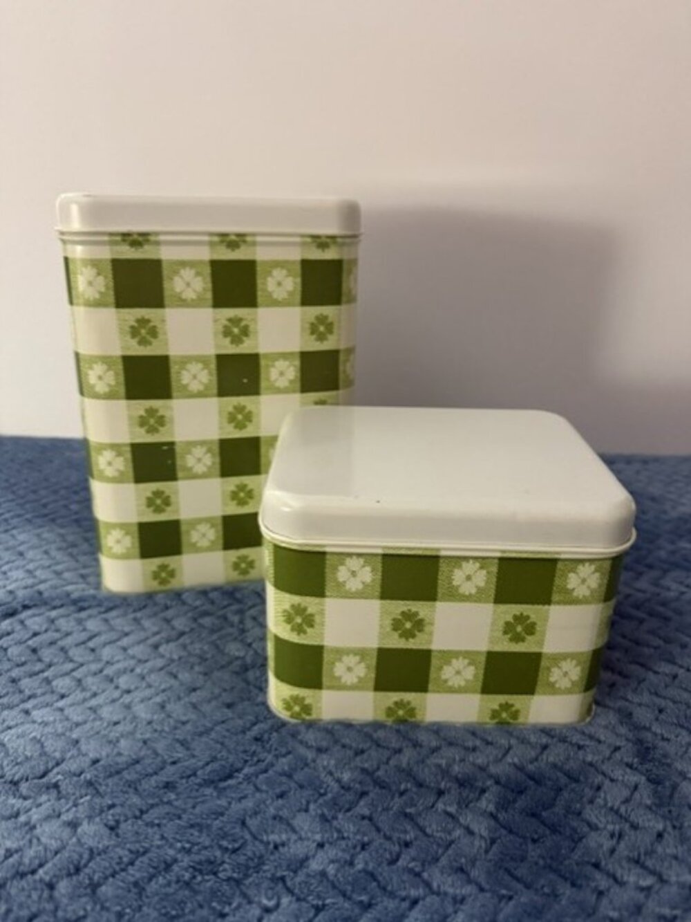 Vintage Cheinco Green Gingham Metal Tin Canister Set of 2 Farmhouse Retro
